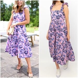 J. Crew Ruffled Sleeveless Summer Square Neck Midi Dress Size 6 Purple Floral G7